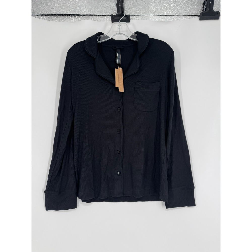 Skims Soft Lounge Rib Sleep Pajama Shirt Ribbed XS Onyx‎ Long Sleeve Button Up